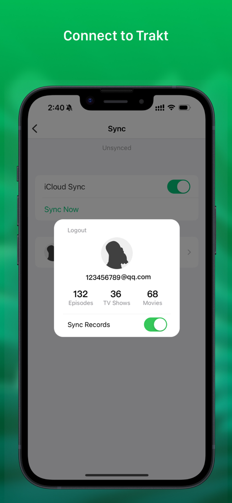 The VidHub app sync settings screen on iPhone showing iCloud synchronization options and a profile pop-up with movie and TV show library statistics.