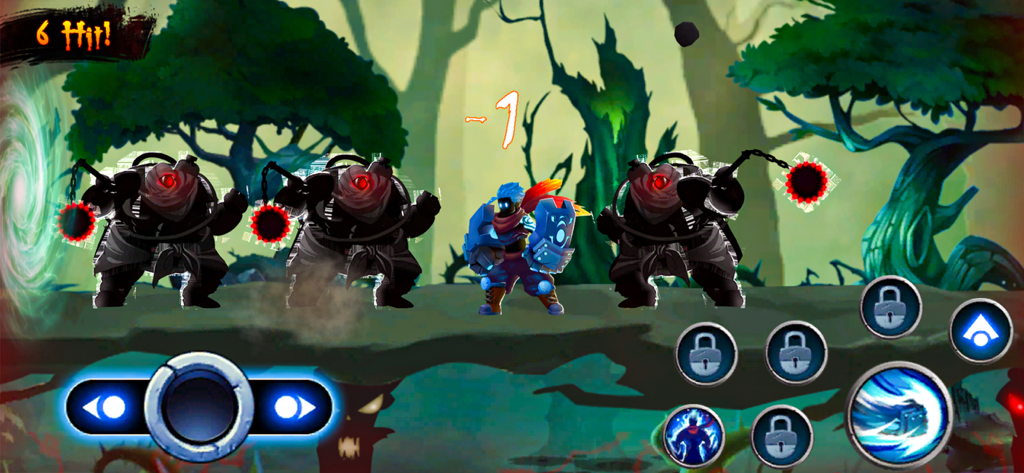 Kung Fu Karate: Ninja Fighting - Un héroe ninja luchando contra tres enemigos sombra en una arena de bosque místico