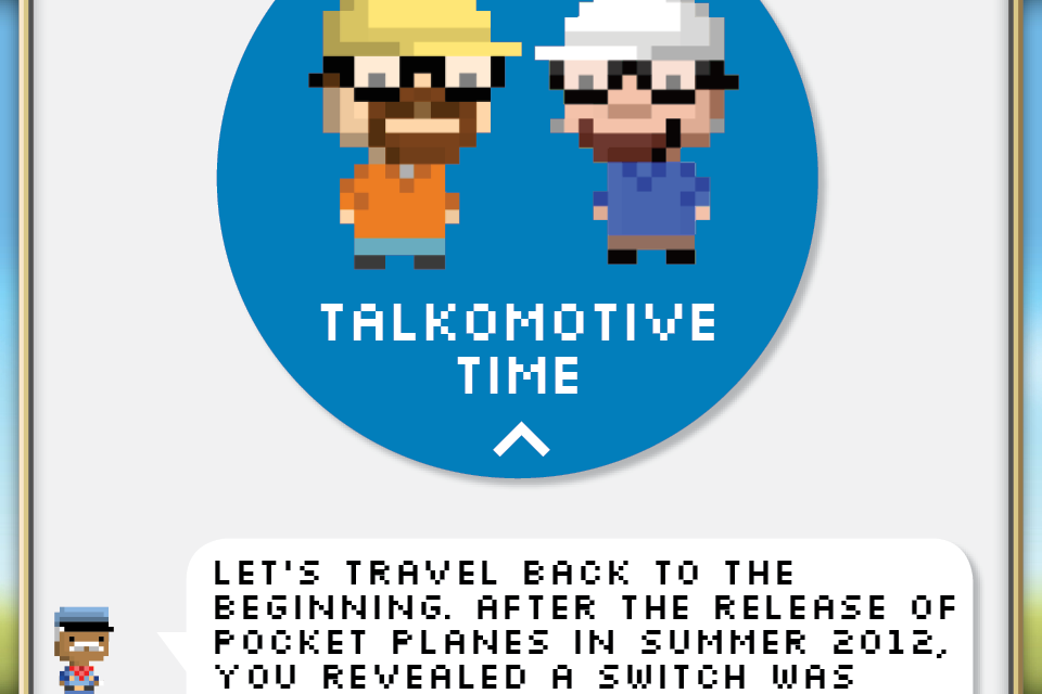 The Official Guide to Pocket Trains - Official Pocket Trains Guide interview section featuring pixel art characters and Talkomotive Time title