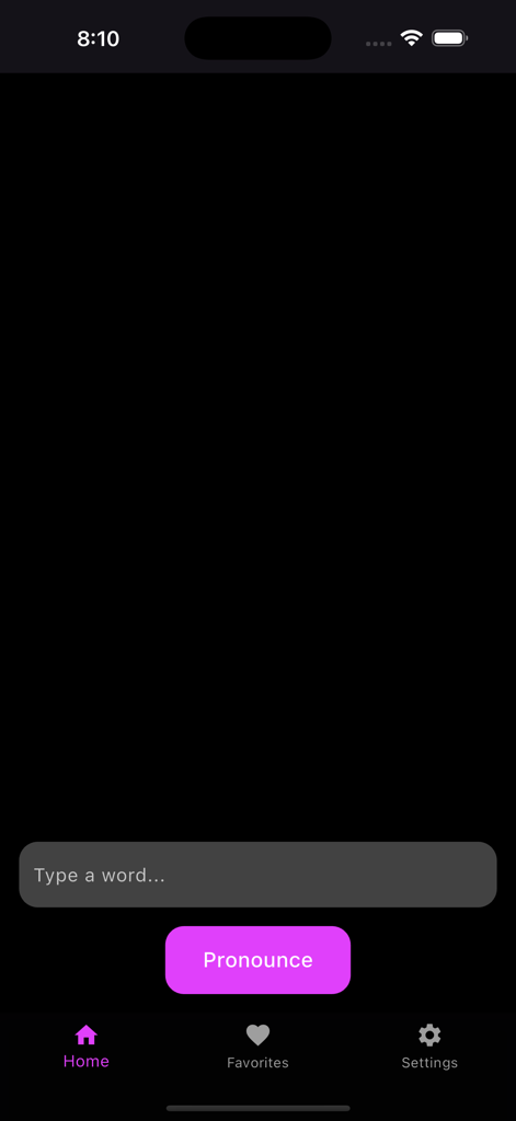 Pronounce It: Word Pronouncer - Home screen of the Pronounce It app featuring a word input field and a purple Pronounce button