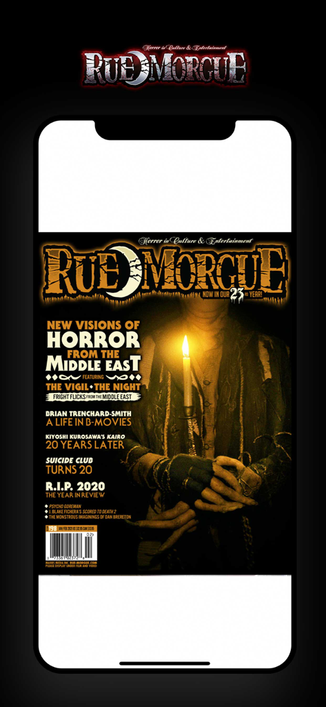 Un écran de smartphone affichant un numéro numérique du magazine Rue Morgue avec le titre Nouvelles Visions de l'Horreur du Moyen-Orient
