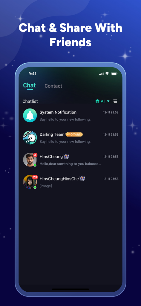 Achat India app chat list screen showing messages and notifications from friends on a dark interface