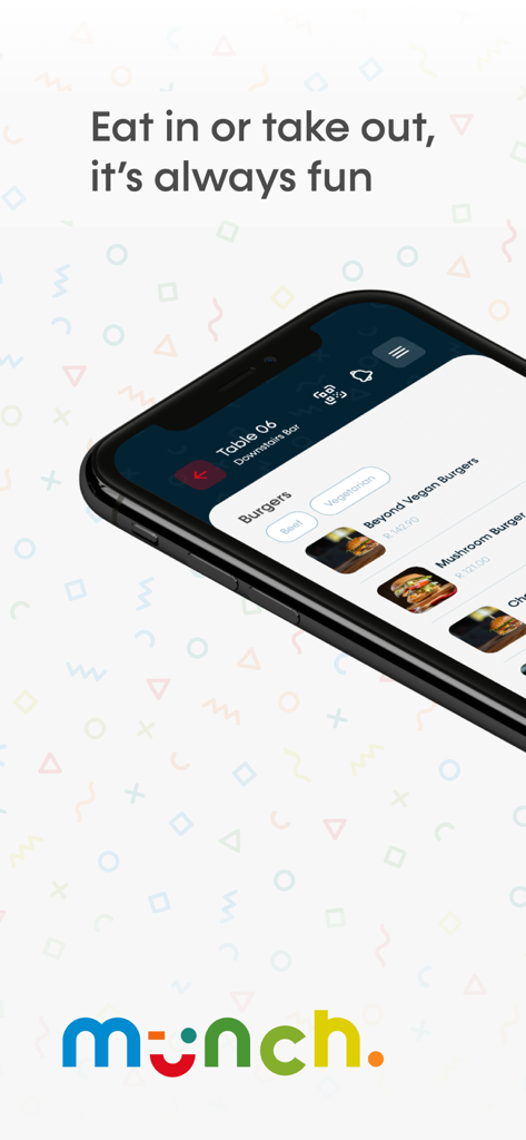 Munch Go mobile POS app interface on an iPhone showing a burger menu for restaurants