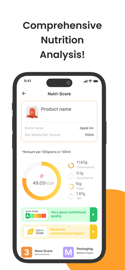 Healthy Food Scanner - カロリーやNutri-Scoreを含む詳細な栄養分析を表示するヘルシーフードスキャナーアプリのインターフェース。