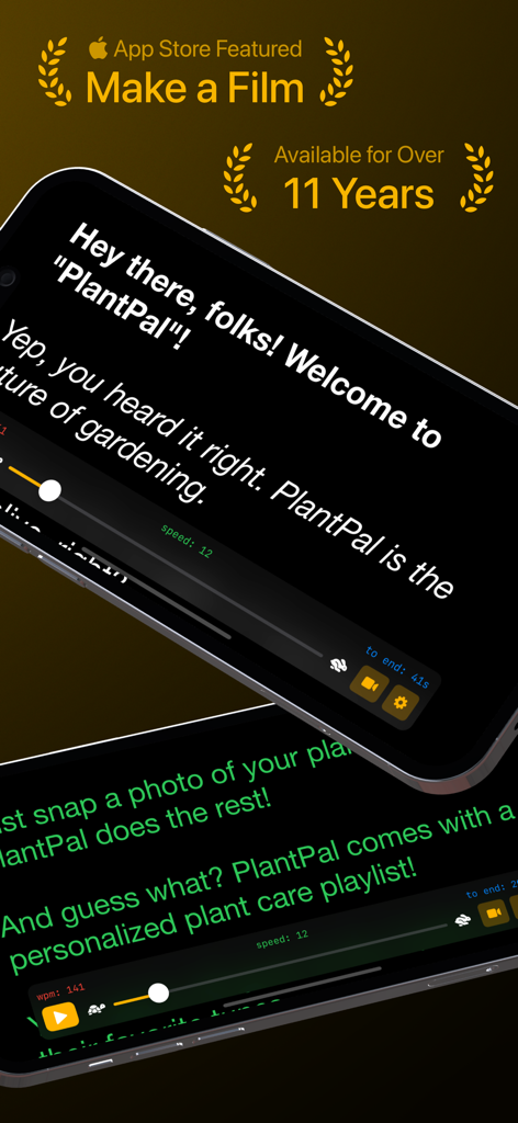 Telepromptr - Two iPhones displaying the Telepromptr app interface with scrolling scripts and speed controls