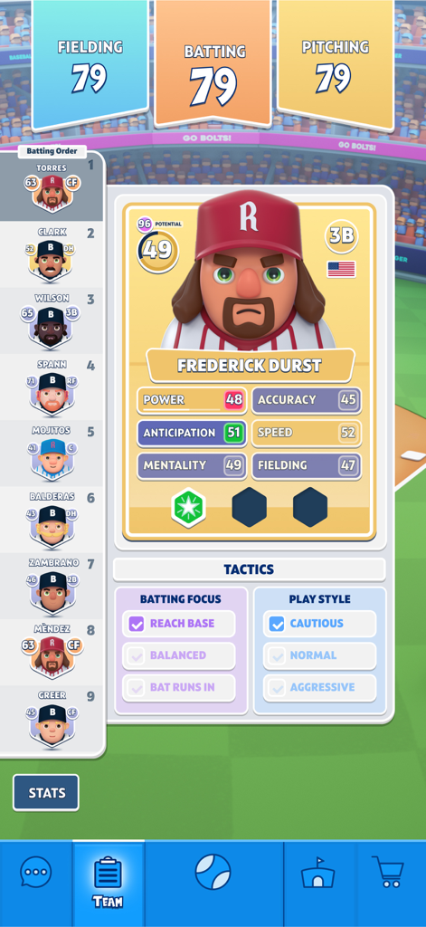 Baseball Franchise Manager - Baseball Franchise Manager game screen showing player statistics and tactical management options