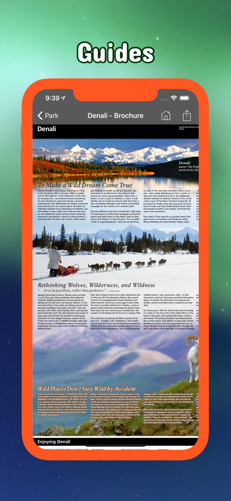 Alaska Pocket Maps - Smartphone screen showing a digital brochure for Denali National Park within the Alaska Pocket Maps app