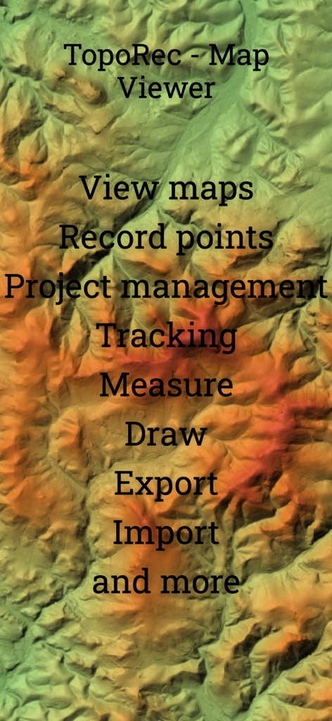 TopoRec - Map Viewer - Lista de recursos do aplicativo TopoRec mostrando rastreamento e registro de pontos sobre um fundo de mapa topográfico