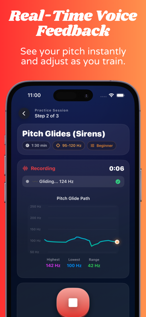 DeepVoice: AI Voice Coach - Screenshot of DeepVoice app showing real-time pitch feedback and a vocal frequency tracking graph during a training session