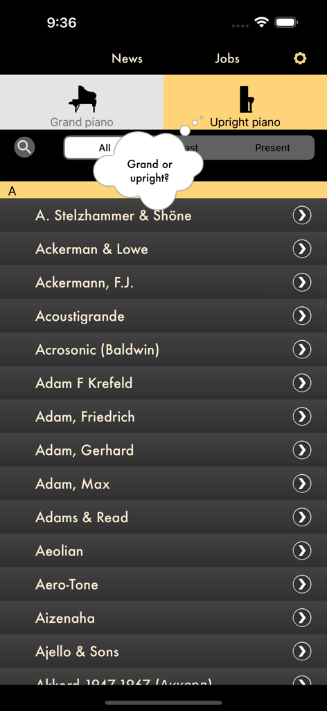 Online Piano Atlas - A list of piano brands in the Online Piano Atlas app with a selection for grand or upright pianos