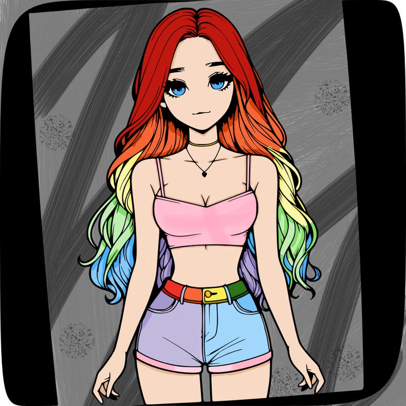 a realistic girl with long hair and in a crop top and shprts