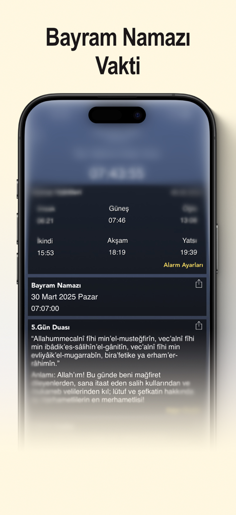 Capture d'écran de l'application Ramazan 2026 İmsakiye montrant les heures de prière de l'Aïd et les prières quotidiennes en turc