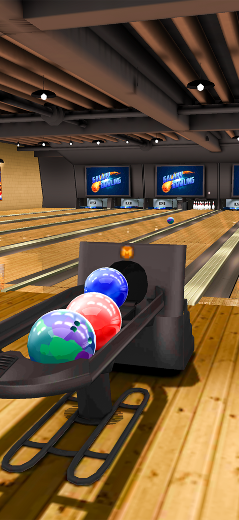 Galaxy Bowling HD - Colorful bowling balls sitting on a ball return rack in a 3D bowling alley