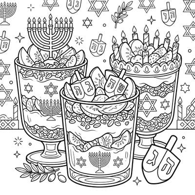 Celebrate the Festival of Lights with this unique coloring page featuring wholesome yogurt parfaits infused with festive Hanukkah symbols. It's a creative and delicious way to get into the holiday spirit, perfect for all ages to enjoy.