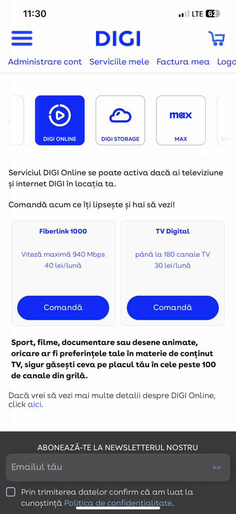 DIGI.ro - DIGI.ro app interface showing Fiberlink internet and digital TV service plans.