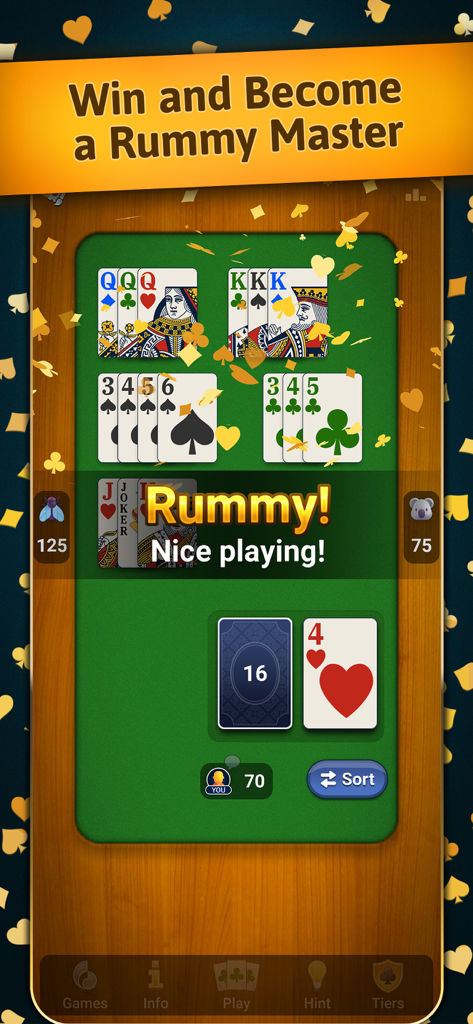 Pantalla de juego de Rummy Classic Card Game mostrando una mano ganadora con escaleras y tríos en una mesa verde con confeti