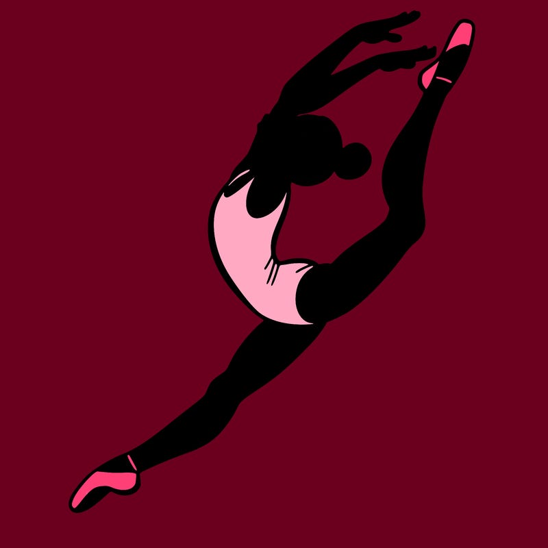 gymnast doing a leap in a leotard with a bent back leg