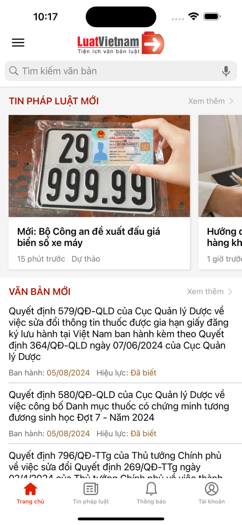 La interfaz de la aplicación móvil Luat Vietnam que muestra noticias legales recientes y documentos gubernamentales recién emitidos.