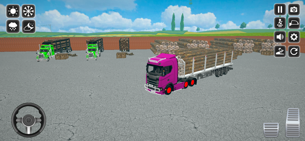 Truck Cargo Driving Simulator - A pink semi truck carrying logs in the Truck Cargo Driving Simulator gameplay showing on screen controls and a log yard.