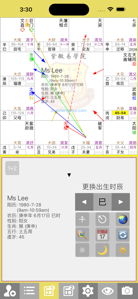 四化飞星 - 飛星インジケーターと生年月日分析パネルを備えたプロフェッショナル紫微斗数占星術チャートインターフェース。