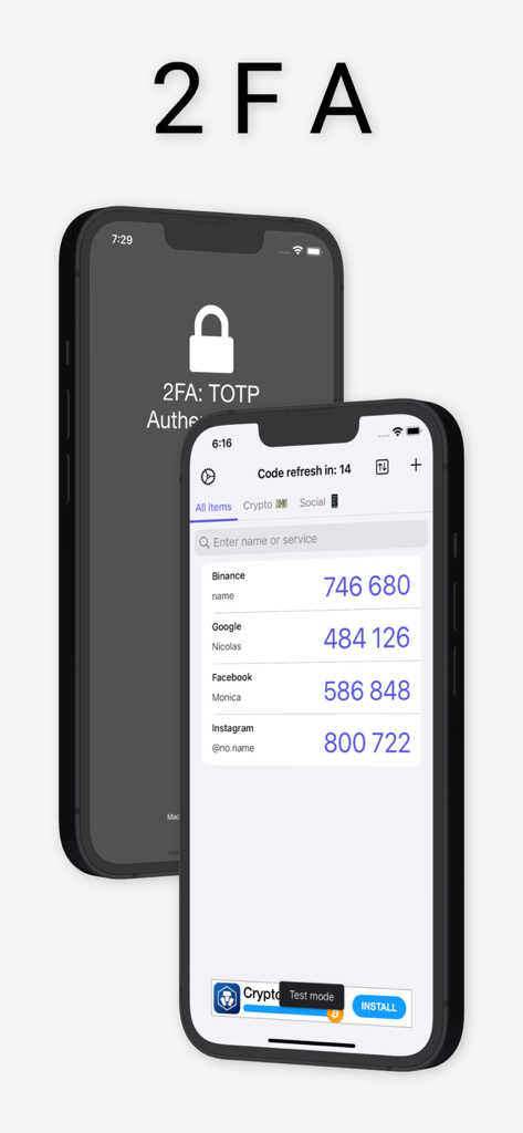 2FA: TOTP authenticator - Interfaz de la aplicación 2FA TOTP authenticator mostrando códigos de autenticación de dos factores para Binance Google Facebook e Instagram en un iPhone