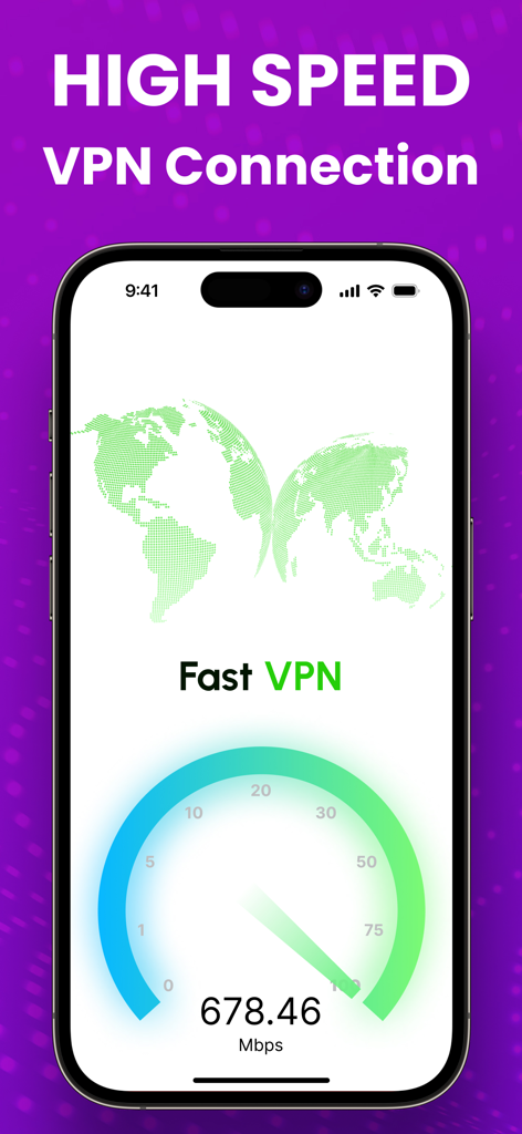 iPhone screen displaying Fast VPN app interface showing a high speed connection of 678 Mbps on a speedometer