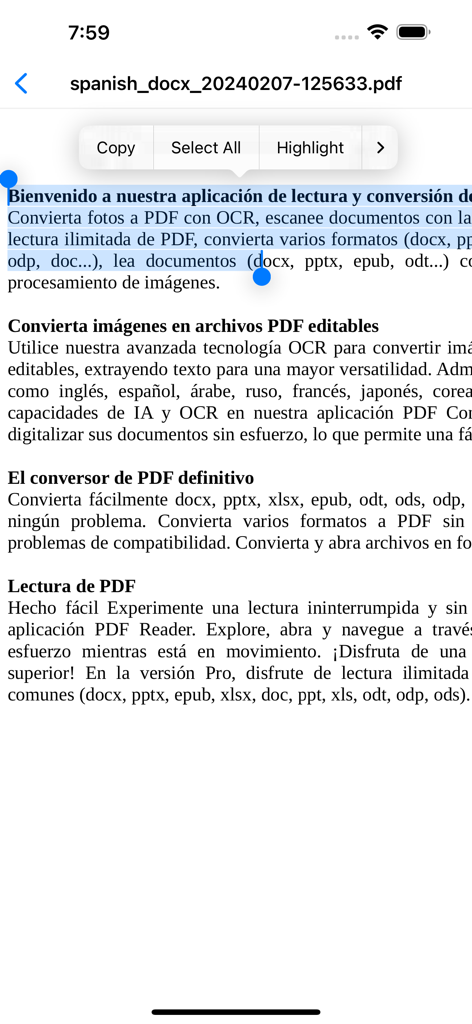 PDF Converter , PDF Reader - Interfaz de una aplicación lector de PDF con texto seleccionado y opciones para copiar o resaltar.