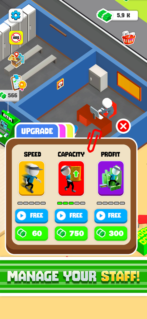 Oh My Pizza - Epic Pizza Games - A menu screen in Oh My Pizza game for upgrading staff speed capacity and profit.
