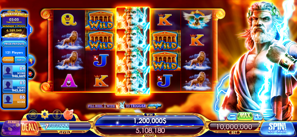 Une machine à sous sur le thème de Zeus dans Hot Shot Casino affichant un gain important en pièces