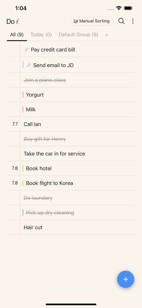 A minimalist to do list interface showing a daily task list with completed and pending items