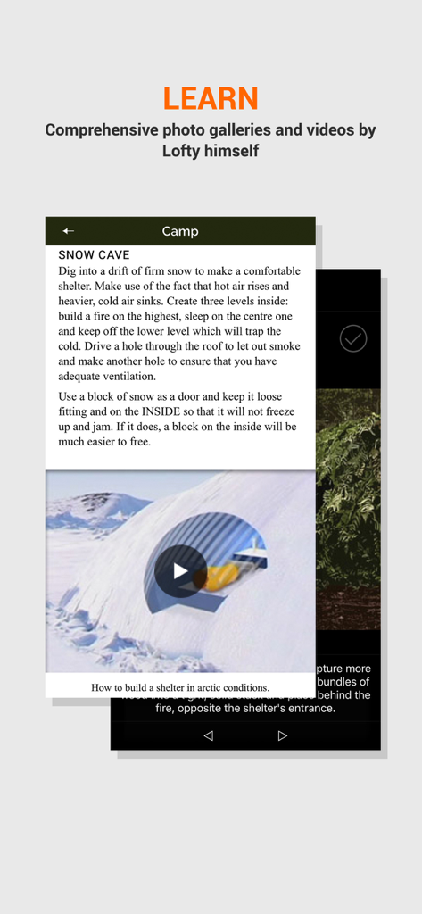 SAS Survival Guide - SAS Survival Guide app screen showing instructions and a video tutorial on how to build a snow cave shelter