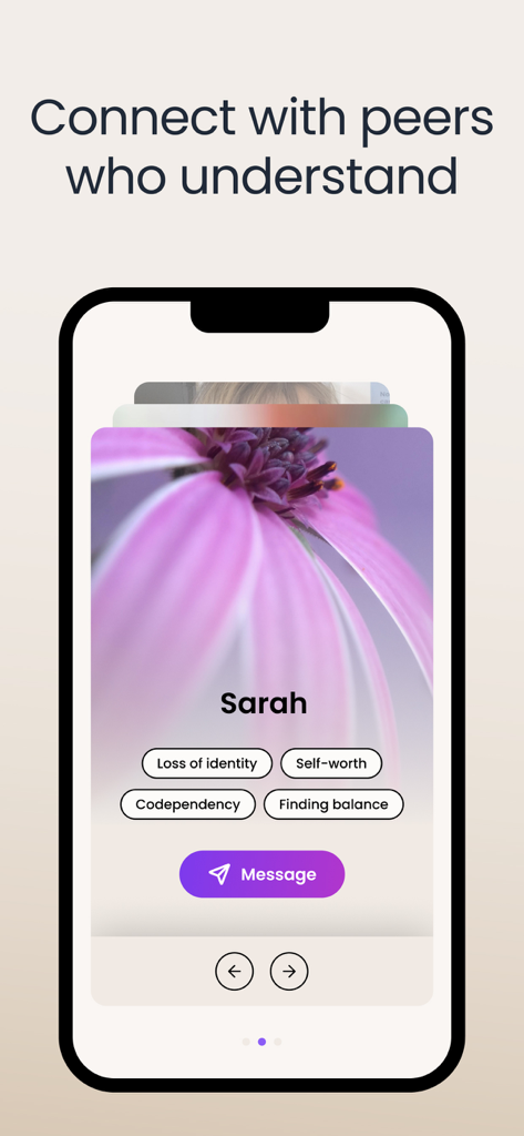 Ein mobiler App-Bildschirm mit dem Titel 'Verbinde dich mit Gleichgesinnten, die dich verstehen', der ein Benutzerprofil für den Nachrichtenversand mit Mental-Health-Tags zeigt
