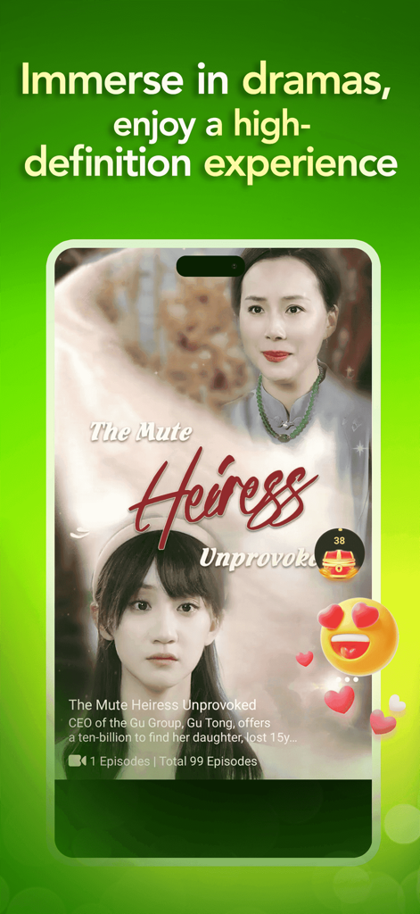 FunDrama - Funflip - Pantalla de la aplicación FunDrama mostrando un drama romántico corto titulado La Heredera Silenciosa sin Provocación.