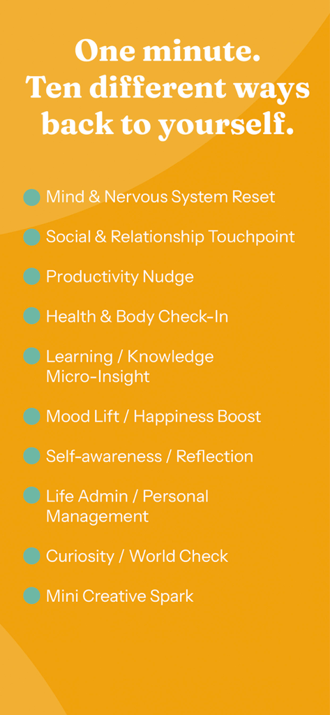 Dailyft – One Minute Better - 신경계 재설정 및 생산성 넛지와 같은 10가지 1분 웰니스 체크인 카테고리를 보여주는 Dailyft 앱 화면