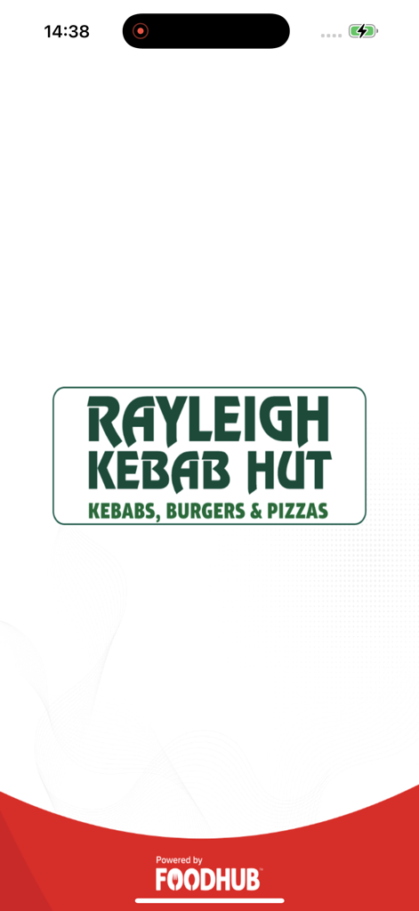 Rayleigh Kebab Hut app splash screen with logo showing kebabs burgers and pizzas powered by Foodhub