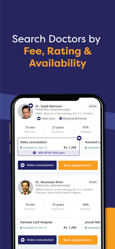 oladoc - the health app - oladoc app search screen showing doctors with their fees ratings and booking options