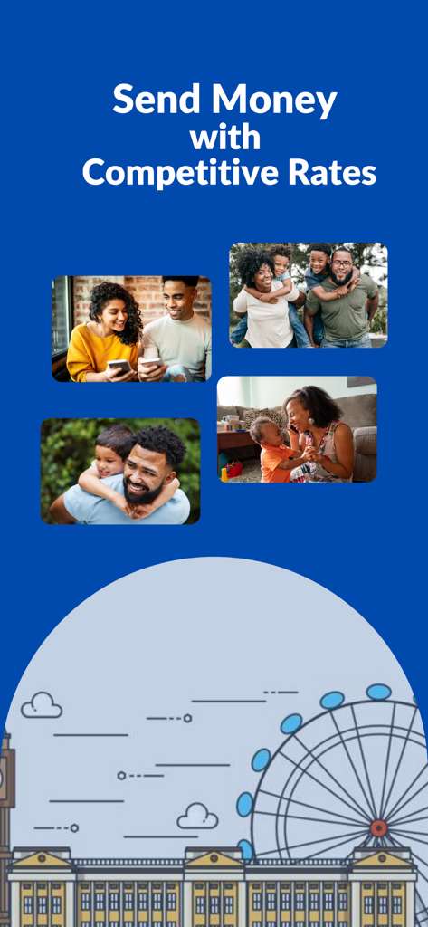 Supersonicz - Supersonicz app screen showing competitive rates for sending money home with family photos