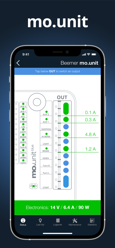 mo.ride - The motorcycle app. - The mo.ride app interface displaying motorcycle electronics and mo.unit diagnostic data