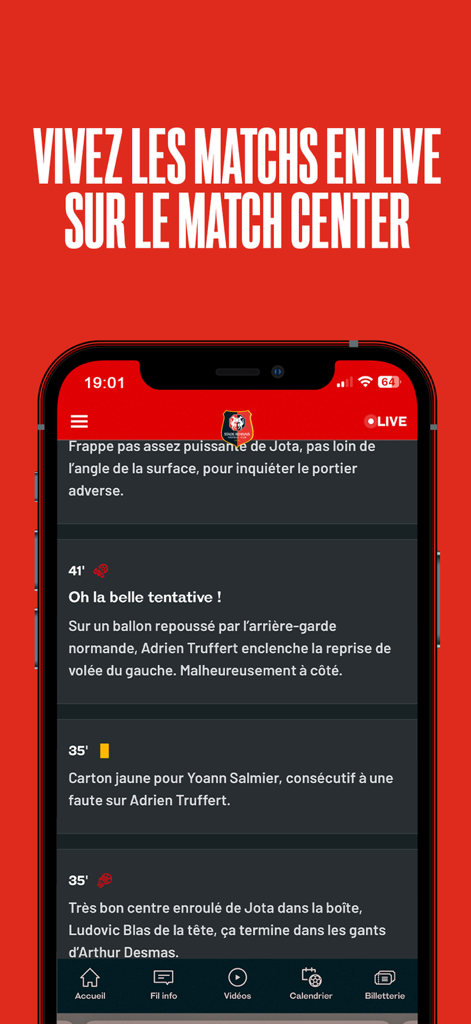 スタッド・レンヌFCモバイルアプリのマッチセンター、サッカーの試合のライブテキスト解説フィードを表示