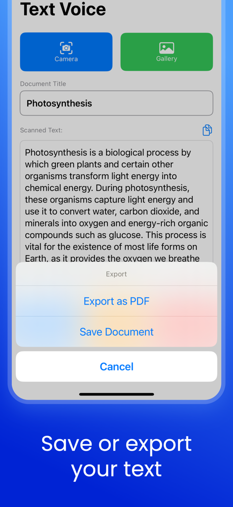 Interfaccia dell'app mobile che mostra il menu di salvataggio ed esportazione con opzioni per esportare come PDF o salvare un documento intitolato Fotosintesi