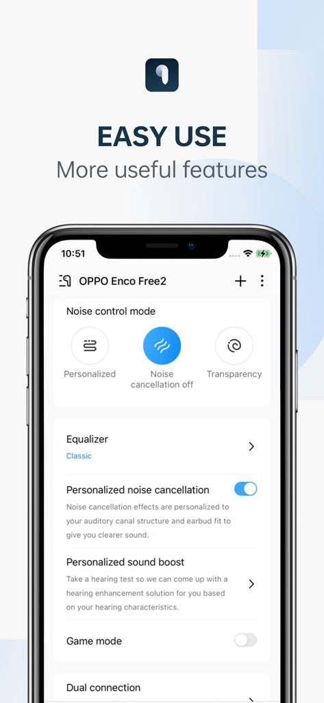 HeyMelody app interface displaying noise control and equalizer settings for earbuds