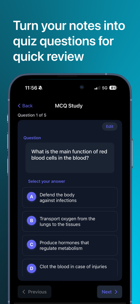 StudyOS: Study with AI - StudyOSアプリのインターフェース。iPhoneでAI生成された多肢選択式の生物学クイズが表示されています。