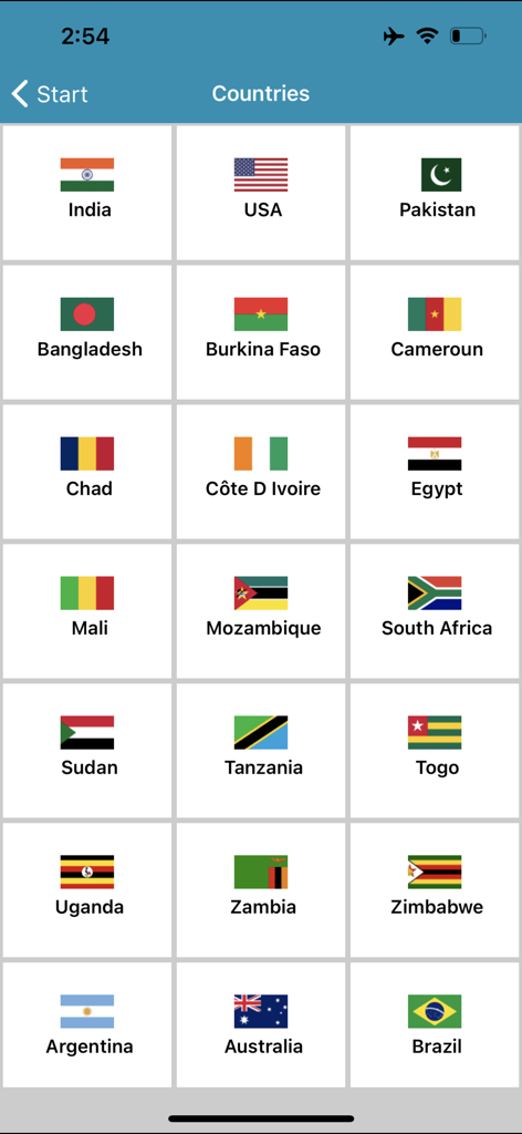 ICAC Cotton Expert - Country selection screen in the ICAC Cotton Expert app displaying a grid of international flags including the USA, India, and Brazil.