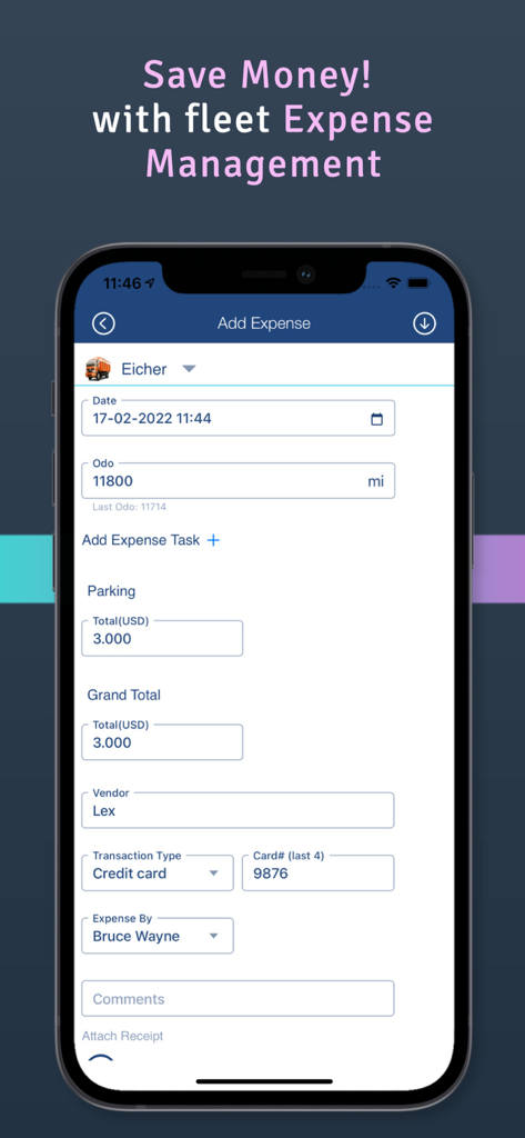 Screenshot dell'app Simply Fleet che mostra l'interfaccia Aggiungi Spesa per il monitoraggio dei costi del veicolo come parcheggio e carburante