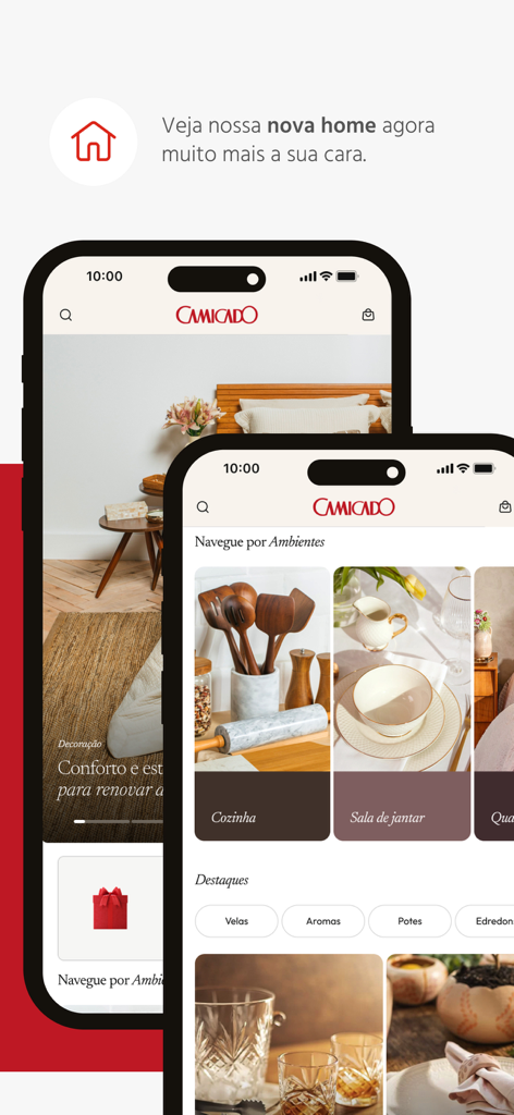 Interface de l'application mobile Camicado montrant des catégories de décoration pour la cuisine et la salle à manger