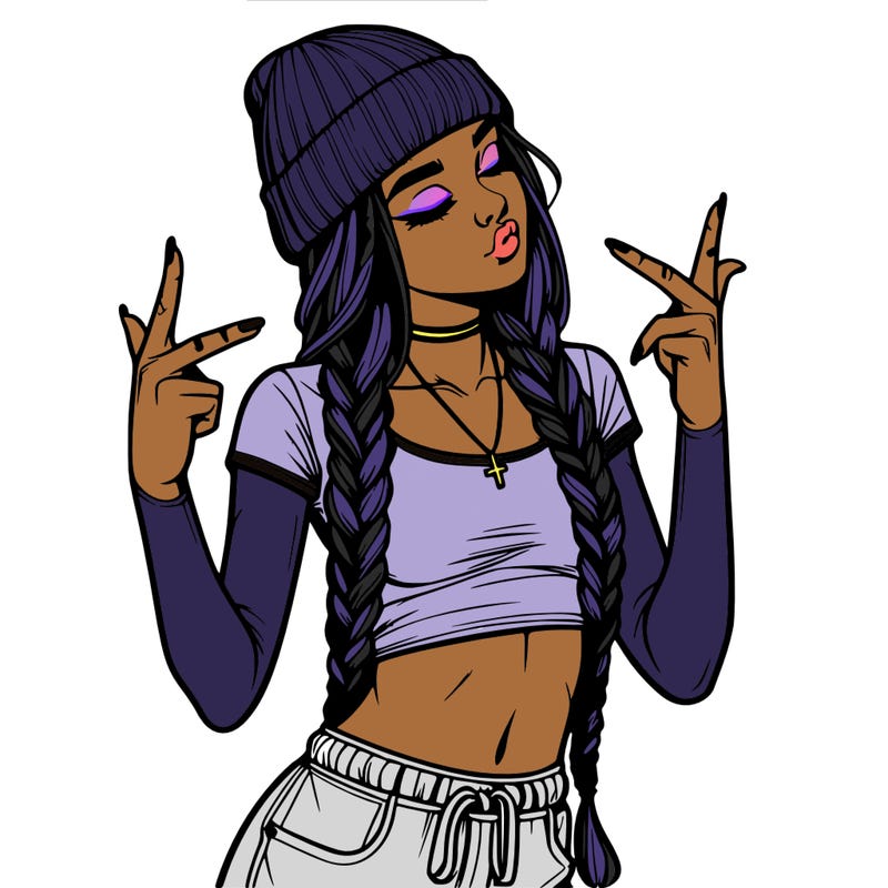 realistic teenage girl with braids and a beanie and crop top doing 🫶🏼