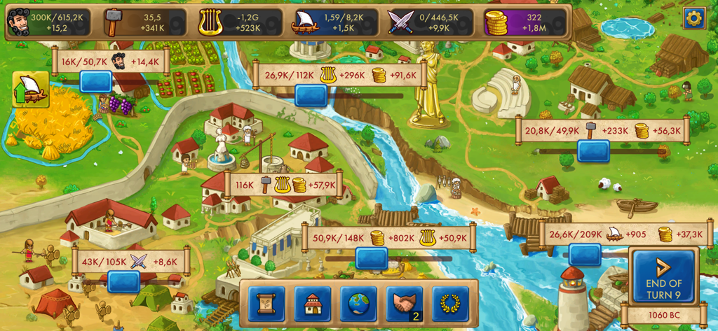 Gameplay view of an ancient Greek city in Marble Age Remastered showing resource management and city building