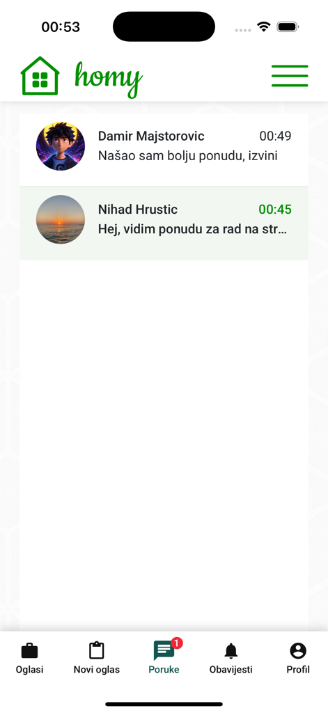 Homy.ba - Interface of the Homy app showing a list of chat messages between service providers and clients.