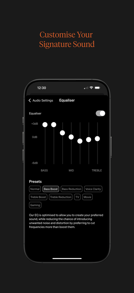 StreamMagic by Cambridge Audio - Interface de l'égaliseur dans l'application StreamMagic montrant les curseurs audio et les préréglages sonores pour les appareils Cambridge Audio.