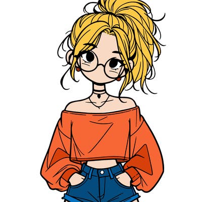 girl with a messy ponytail glasses a baggy crop top and jean shorts